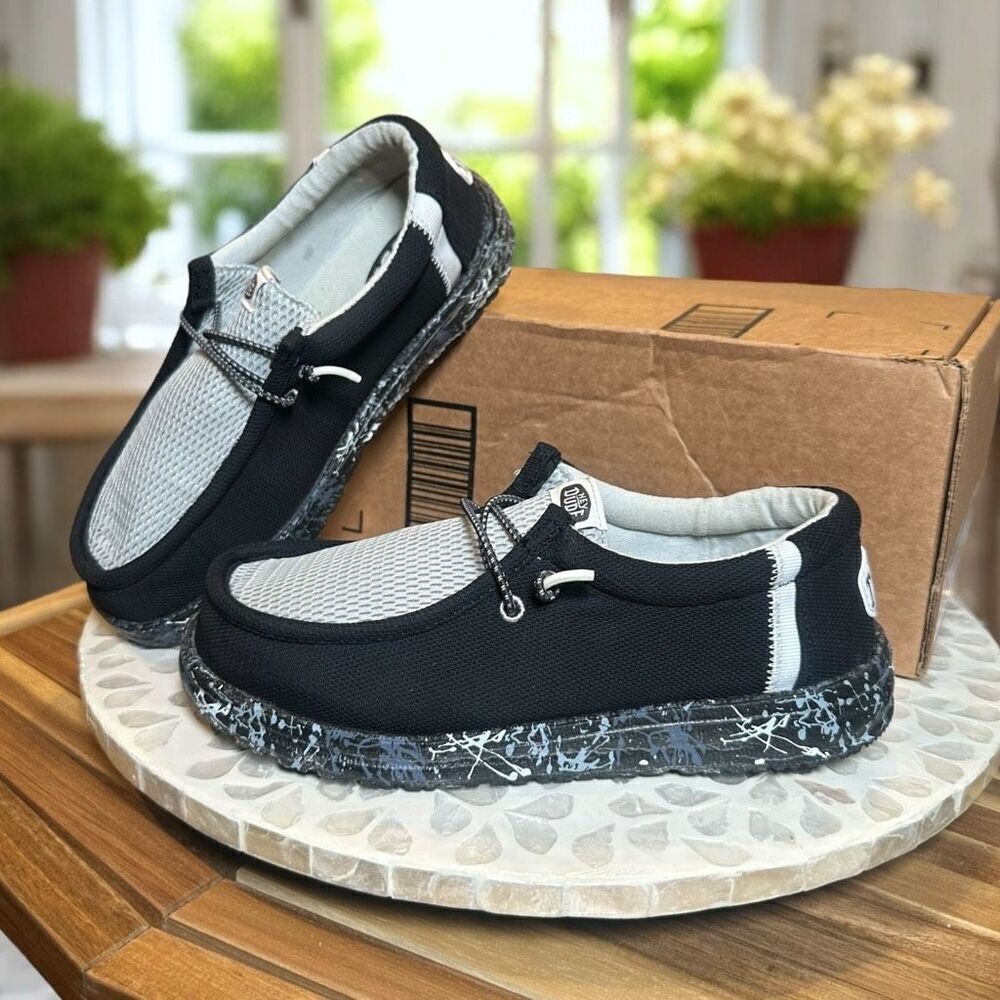 Hey Dude Wally Summer MeshโLightweight Slip On Black Shoes Unisex Kids Size 4 EU